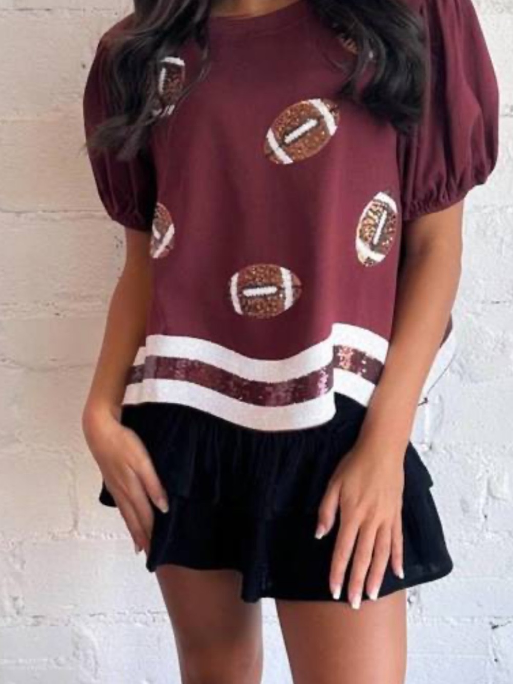 Peach Love California Maroon Puff-Sleeve Sequin Football Tee - Picture 3 of 11